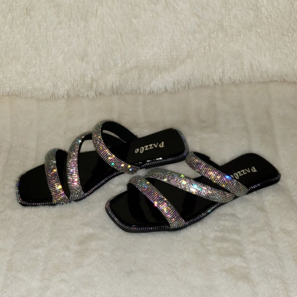 Padded Triple Strap Slip On Sparkly Rhinestone Square Open Toe Sandals_10
